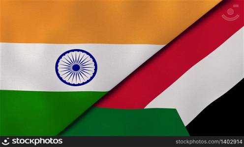 Two states flags of India and Sudan. High quality business background. 3d illustration. The flags of India and Sudan. News, reportage, business background. 3d illustration