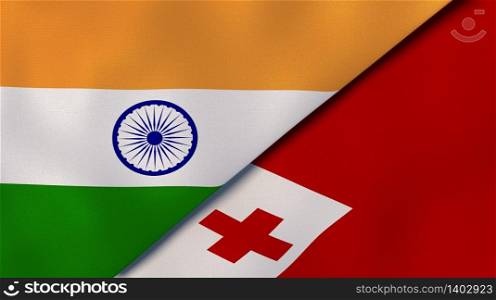Two states flags of India and Tonga. High quality business background. 3d illustration. The flags of India and Tonga. News, reportage, business background. 3d illustration
