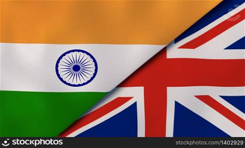 Two states flags of India and United Kingdom. High quality business background. 3d illustration. The flags of India and United Kingdom. News, reportage, business background. 3d illustration