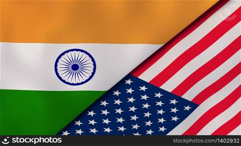 Two states flags of India and United States. High quality business background. 3d illustration. The flags of India and United States. News, reportage, business background. 3d illustration