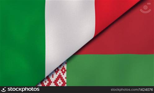 Two states flags of Italy and Belarus. High quality business background. 3d illustration. The flags of Italy and Belarus. News, reportage, business background. 3d illustration