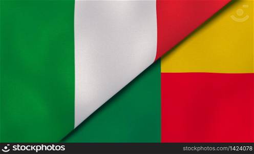 Two states flags of Italy and Benin. High quality business background. 3d illustration. The flags of Italy and Benin. News, reportage, business background. 3d illustration