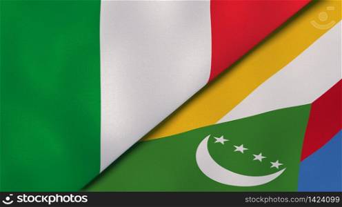 Two states flags of Italy and Comoros. High quality business background. 3d illustration. The flags of Italy and Comoros. News, reportage, business background. 3d illustration