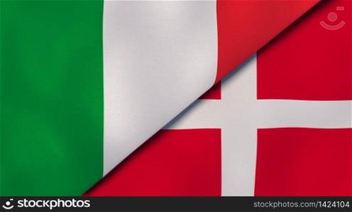 Two states flags of Italy and Denmark. High quality business background. 3d illustration. The flags of Italy and Denmark. News, reportage, business background. 3d illustration
