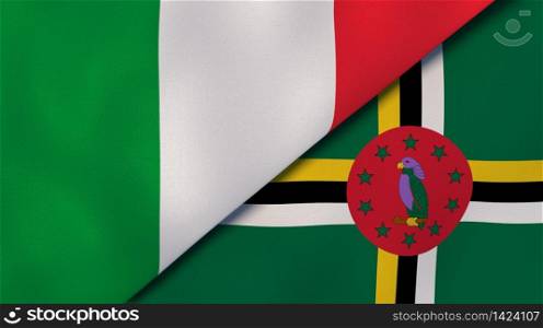 Two states flags of Italy and Dominica. High quality business background. 3d illustration. The flags of Italy and Dominica. News, reportage, business background. 3d illustration