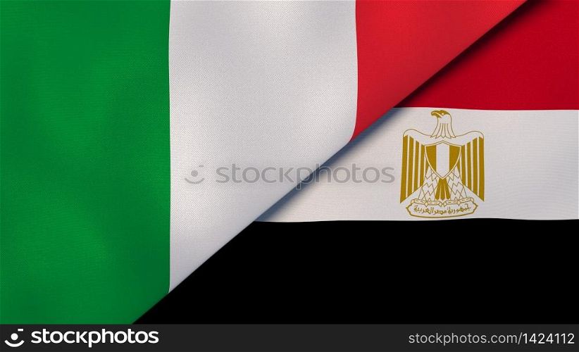 Two states flags of Italy and Egypt. High quality business background. 3d illustration. The flags of Italy and Egypt. News, reportage, business background. 3d illustration