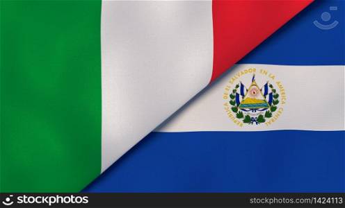Two states flags of Italy and El Salvador. High quality business background. 3d illustration. The flags of Italy and El Salvador. News, reportage, business background. 3d illustration