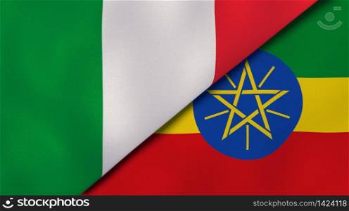 Two states flags of Italy and Ethiopia. High quality business background. 3d illustration. The flags of Italy and Ethiopia. News, reportage, business background. 3d illustration