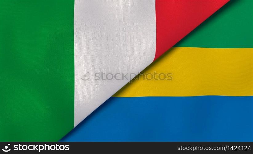Two states flags of Italy and Gabon. High quality business background. 3d illustration. The flags of Italy and Gabon. News, reportage, business background. 3d illustration