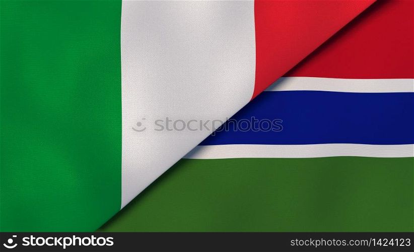 Two states flags of Italy and Gambia. High quality business background. 3d illustration. The flags of Italy and Gambia. News, reportage, business background. 3d illustration