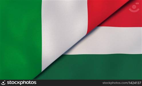 Two states flags of Italy and Hungary. High quality business background. 3d illustration. The flags of Italy and Hungary. News, reportage, business background. 3d illustration