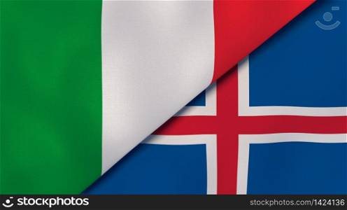 Two states flags of Italy and Iceland. High quality business background. 3d illustration. The flags of Italy and Iceland. News, reportage, business background. 3d illustration