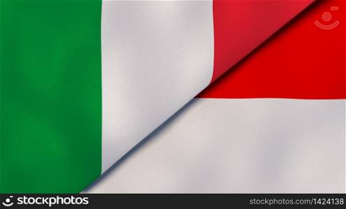 Two states flags of Italy and Indonesia. High quality business background. 3d illustration. The flags of Italy and Indonesia. News, reportage, business background. 3d illustration
