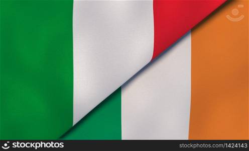 Two states flags of Italy and Ireland. High quality business background. 3d illustration. The flags of Italy and Ireland. News, reportage, business background. 3d illustration