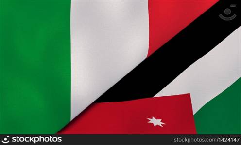 Two states flags of Italy and Jordan. High quality business background. 3d illustration. The flags of Italy and Jordan. News, reportage, business background. 3d illustration