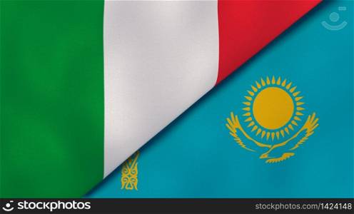 Two states flags of Italy and Kazakhstan. High quality business background. 3d illustration. The flags of Italy and Kazakhstan. News, reportage, business background. 3d illustration