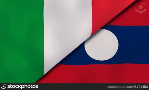 Two states flags of Italy and Laos. High quality business background. 3d illustration. The flags of Italy and Laos. News, reportage, business background. 3d illustration