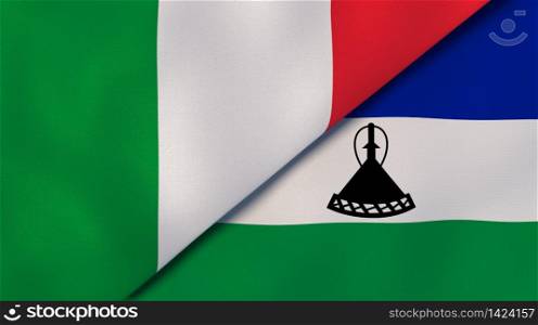 Two states flags of Italy and Lesotho. High quality business background. 3d illustration. The flags of Italy and Lesotho. News, reportage, business background. 3d illustration
