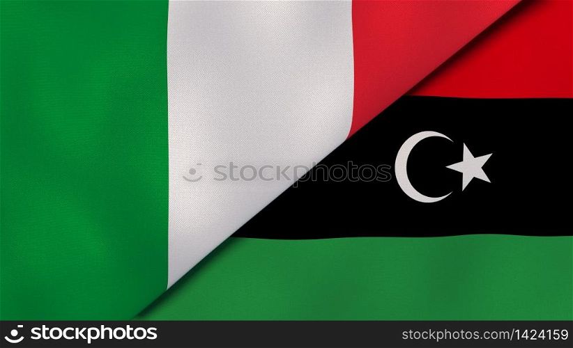 Two states flags of Italy and Libya. High quality business background. 3d illustration. The flags of Italy and Libya. News, reportage, business background. 3d illustration