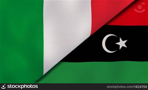 Two states flags of Italy and Libya. High quality business background. 3d illustration. The flags of Italy and Libya. News, reportage, business background. 3d illustration