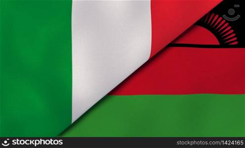 Two states flags of Italy and Malawi. High quality business background. 3d illustration. The flags of Italy and Malawi. News, reportage, business background. 3d illustration