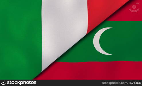 Two states flags of Italy and Maldives. High quality business background. 3d illustration. The flags of Italy and Maldives. News, reportage, business background. 3d illustration