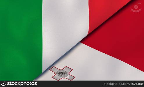 Two states flags of Italy and Malta. High quality business background. 3d illustration. The flags of Italy and Malta. News, reportage, business background. 3d illustration