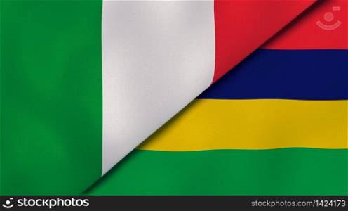 Two states flags of Italy and Mauritius. High quality business background. 3d illustration. The flags of Italy and Mauritius. News, reportage, business background. 3d illustration