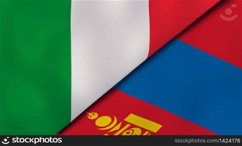 Two states flags of Italy and Mongolia. High quality business background. 3d illustration. The flags of Italy and Mongolia. News, reportage, business background. 3d illustration