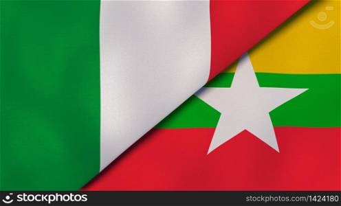 Two states flags of Italy and Myanmar. High quality business background. 3d illustration. The flags of Italy and Myanmar. News, reportage, business background. 3d illustration