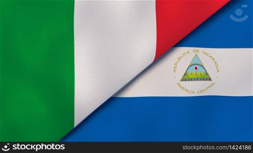 Two states flags of Italy and Nicaragua. High quality business background. 3d illustration. The flags of Italy and Nicaragua. News, reportage, business background. 3d illustration