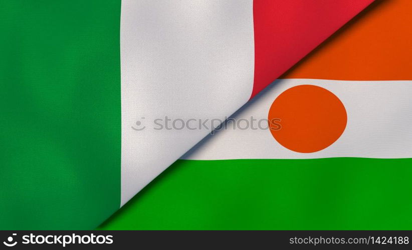 Two states flags of Italy and Niger. High quality business background. 3d illustration. The flags of Italy and Niger. News, reportage, business background. 3d illustration