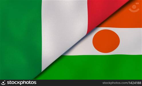 Two states flags of Italy and Niger. High quality business background. 3d illustration. The flags of Italy and Niger. News, reportage, business background. 3d illustration
