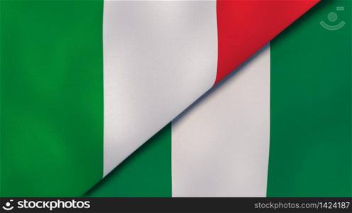 Two states flags of Italy and Nigeria. High quality business background. 3d illustration. The flags of Italy and Nigeria. News, reportage, business background. 3d illustration