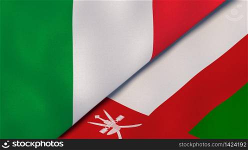 Two states flags of Italy and Oman. High quality business background. 3d illustration. The flags of Italy and Oman. News, reportage, business background. 3d illustration