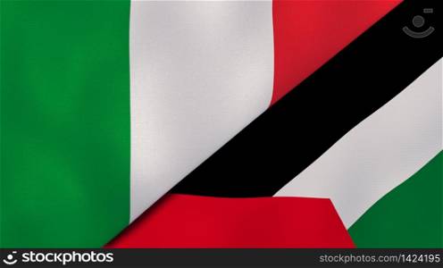 Two states flags of Italy and Palestine. High quality business background. 3d illustration. The flags of Italy and Palestine. News, reportage, business background. 3d illustration