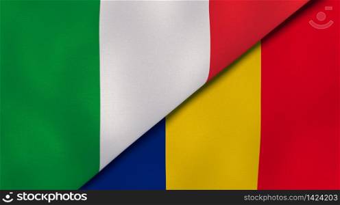 Two states flags of Italy and Romania. High quality business background. 3d illustration. The flags of Italy and Romania. News, reportage, business background. 3d illustration