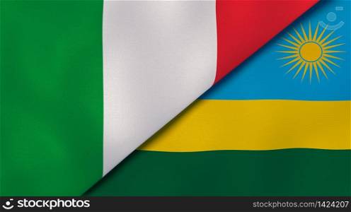 Two states flags of Italy and Rwanda. High quality business background. 3d illustration. The flags of Italy and Rwanda. News, reportage, business background. 3d illustration