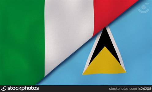 Two states flags of Italy and Saint Lucia. High quality business background. 3d illustration. The flags of Italy and Saint Lucia. News, reportage, business background. 3d illustration