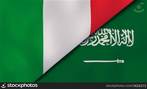 Two states flags of Italy and Saudi Arabia. High quality business background. 3d illustration. The flags of Italy and Saudi Arabia. News, reportage, business background. 3d illustration