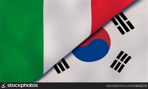 Two states flags of Italy and South Korea. High quality business background. 3d illustration. The flags of Italy and South Korea. News, reportage, business background. 3d illustration