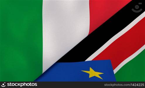 Two states flags of Italy and South Sudan. High quality business background. 3d illustration. The flags of Italy and South Sudan. News, reportage, business background. 3d illustration