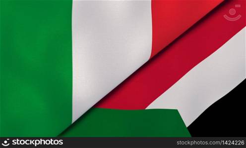 Two states flags of Italy and Sudan. High quality business background. 3d illustration. The flags of Italy and Sudan. News, reportage, business background. 3d illustration