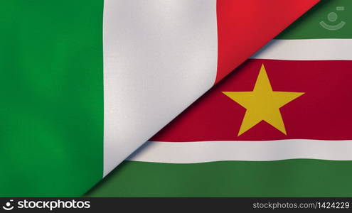 Two states flags of Italy and Suriname. High quality business background. 3d illustration. The flags of Italy and Suriname. News, reportage, business background. 3d illustration