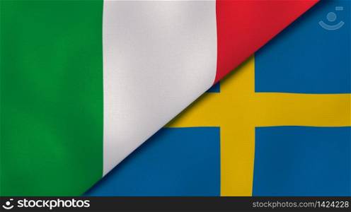 Two states flags of Italy and Sweden. High quality business background. 3d illustration. The flags of Italy and Sweden. News, reportage, business background. 3d illustration