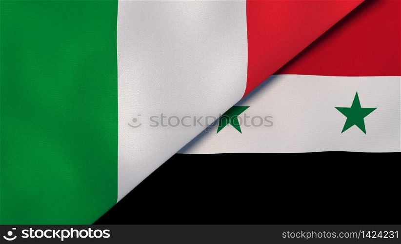 Two states flags of Italy and Syria. High quality business background. 3d illustration. The flags of Italy and Syria. News, reportage, business background. 3d illustration