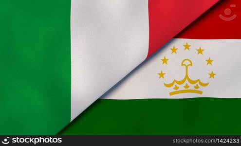 Two states flags of Italy and Tajikistan. High quality business background. 3d illustration. The flags of Italy and Tajikistan. News, reportage, business background. 3d illustration