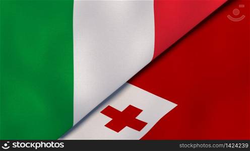 Two states flags of Italy and Tonga. High quality business background. 3d illustration. The flags of Italy and Tonga. News, reportage, business background. 3d illustration