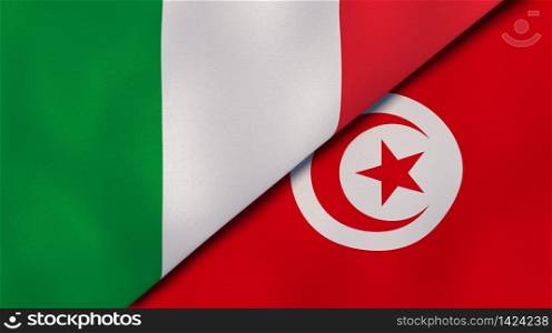 Two states flags of Italy and Tunisia. High quality business background. 3d illustration. The flags of Italy and Tunisia. News, reportage, business background. 3d illustration