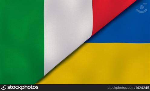 Two states flags of Italy and Ukraine. High quality business background. 3d illustration. The flags of Italy and Ukraine. News, reportage, business background. 3d illustration